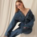 Denim Kumaş Beli Lastikli Kadın Mavi Kot Ceket