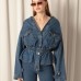 Denim Kumaş Beli Lastikli Kadın Mavi Kot Ceket