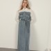 Denim Kumaş Garnili Elbise-Ekru
