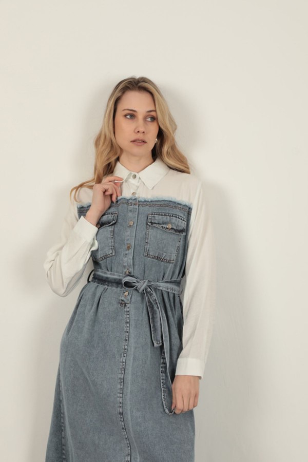 Denim Kumaş Garnili Elbise-Ekru