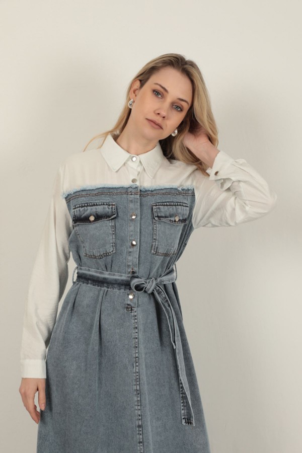 Denim Kumaş Garnili Elbise-Ekru