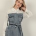 Denim Kumaş Garnili Elbise-Ekru