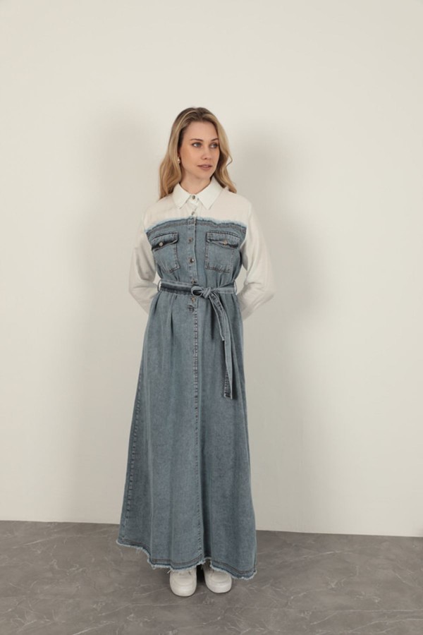 Denim Kumaş Garnili Elbise-Ekru