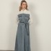 Denim Kumaş Garnili Elbise-Ekru