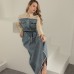 Denim Kumaş Garnili Elbise-Bej