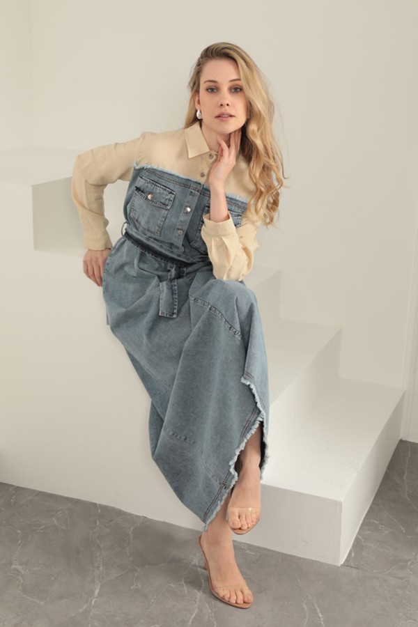 Denim Kumaş Garnili Elbise-Bej