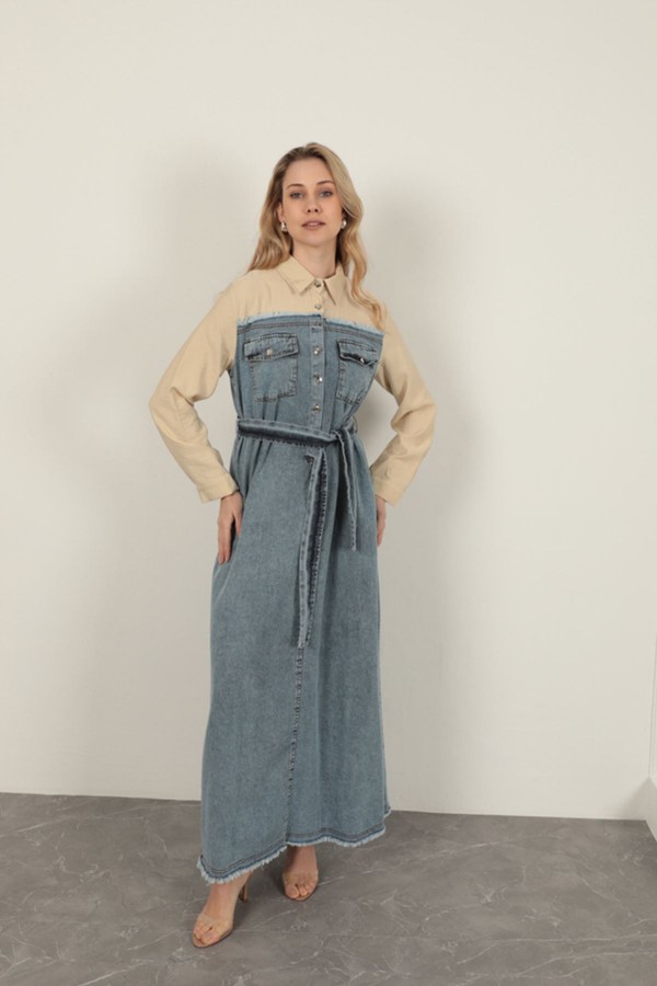 Denim Kumaş Garnili Elbise-Bej