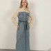 Denim Kumaş Garnili Elbise-Bej