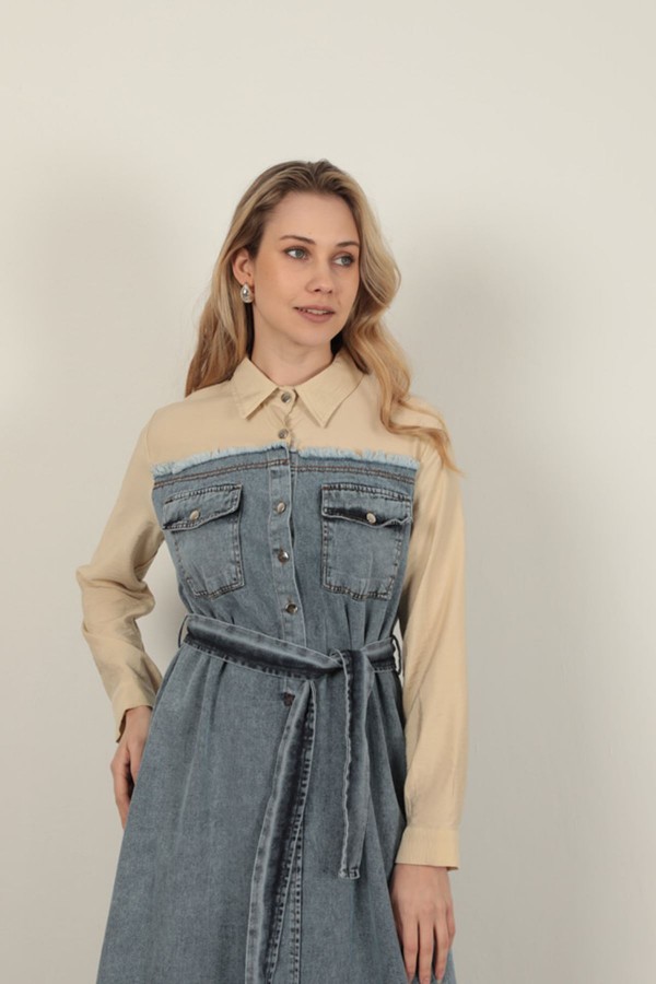 Denim Kumaş Garnili Elbise-Bej