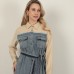 Denim Kumaş Garnili Elbise-Bej