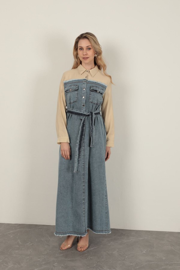 Denim Kumaş Garnili Elbise-Bej
