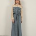Denim Kumaş Garnili Elbise-Bej