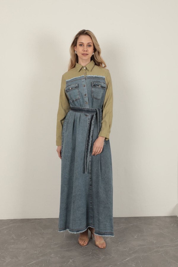 Denim Kumaş Garnili Elbise-Haki