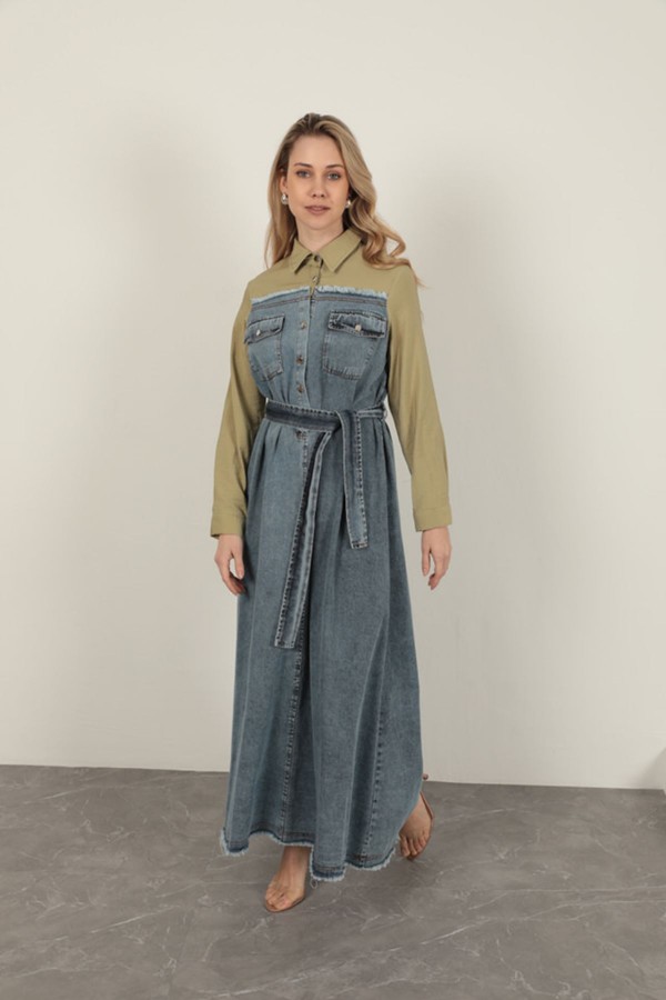 Denim Kumaş Garnili Elbise-Haki