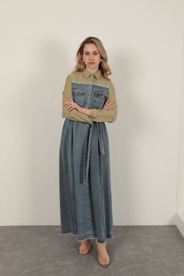 Denim Kumaş Garnili Elbise-Haki