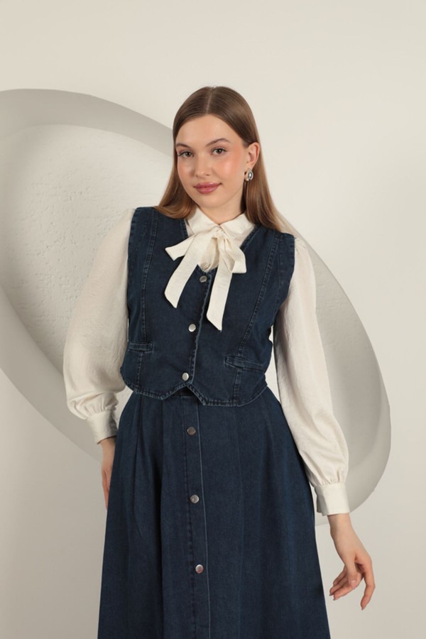 Denim Kumaş Yelekli Takım-Koyu Mavi