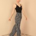 Ekose Kumaş Uzun Boy Oversize/Salaş Saçaklı Kadın Pantolon-Siyah