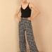 Ekose Kumaş Uzun Boy Oversize/Salaş Saçaklı Kadın Pantolon-Siyah