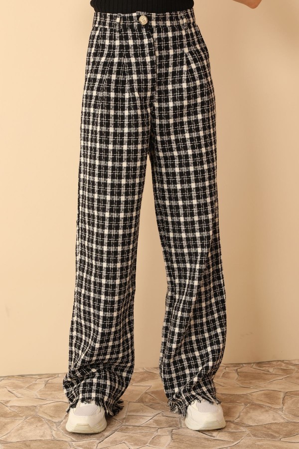 Ekose Kumaş Uzun Boy Oversize/Salaş Saçaklı Kadın Pantolon-Siyah