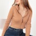 Kaşkorse Kumaş Crop Fermuarlı Kadın Hırka-Kahve
