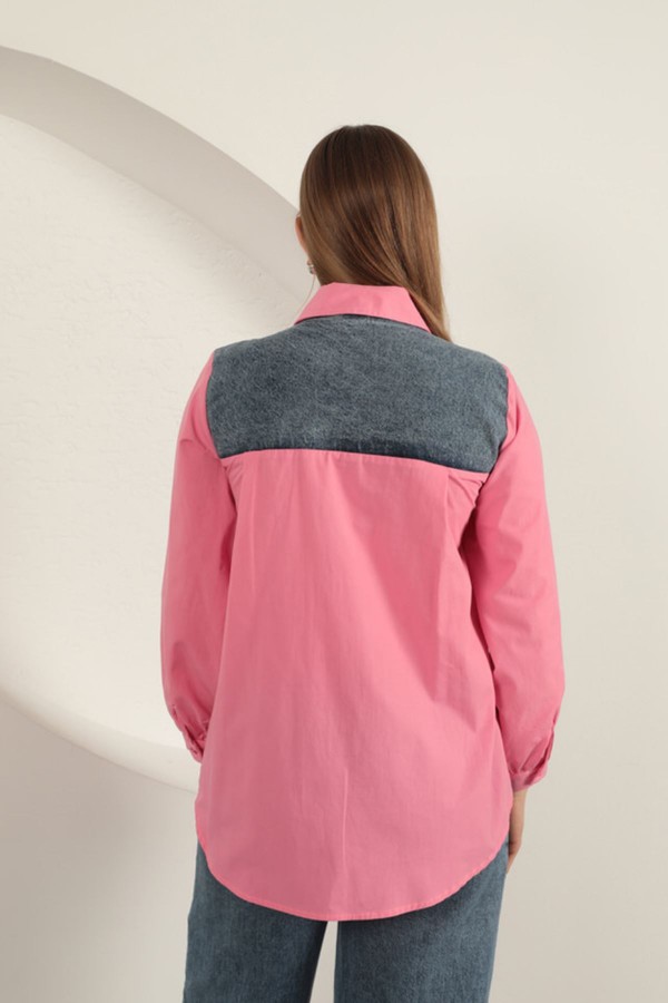 Poplin Kumaş Kot Garnili Pembe Kadın Gömlek
