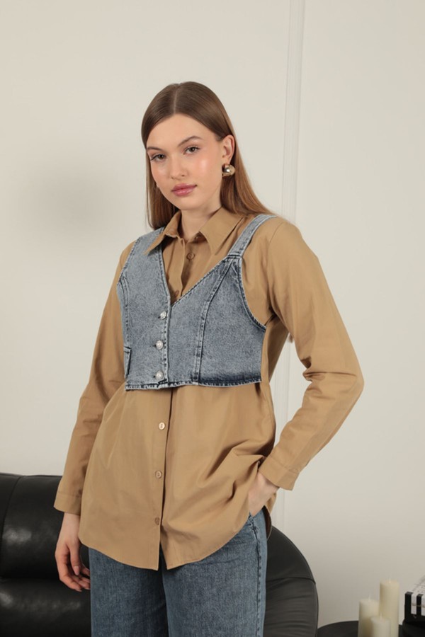 Poplin Kumaş Yelek Detaylı Taba Kadın Gömlek