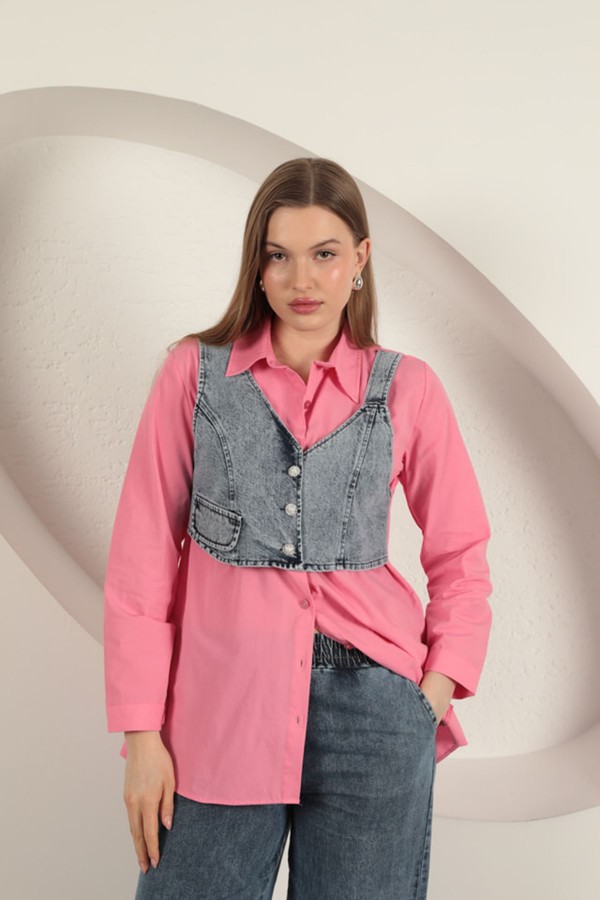 Poplin Kumaş Yelek Detaylı Pembe Kadın Gömlek