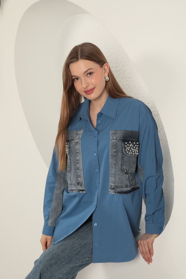 Poplin Kumaş Kot Garnili İndigo Kadın Gömlek
