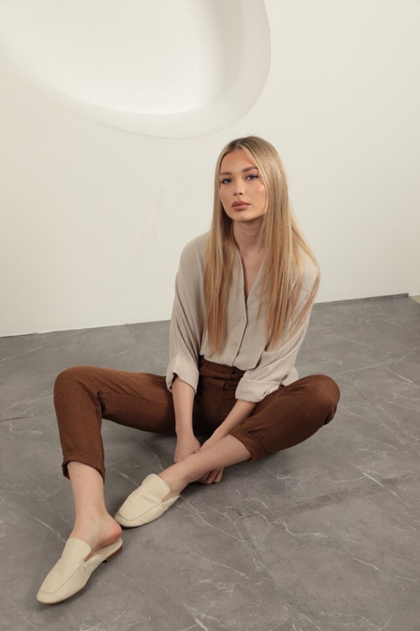Sofia Keten Duble Paça Kadın Pantolon-Kahve