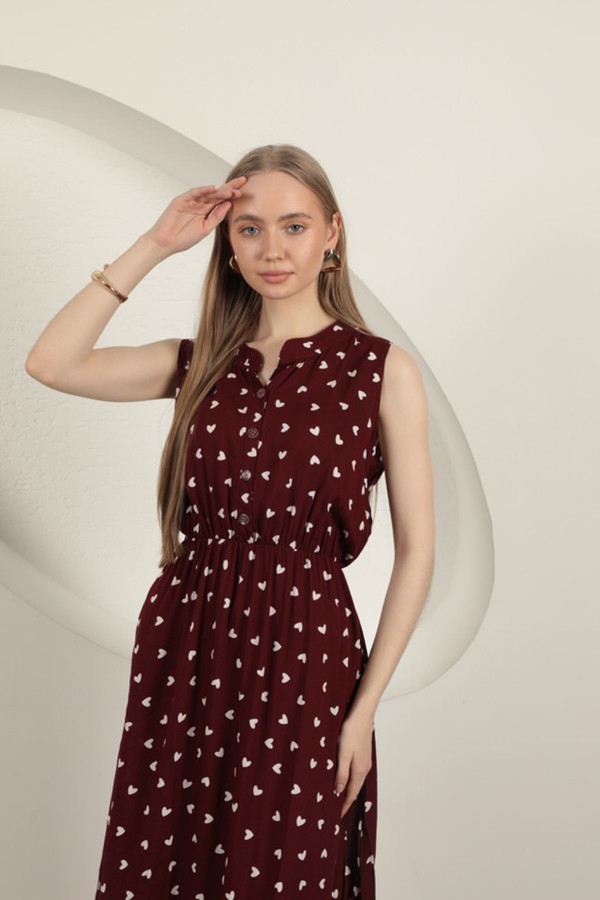 Viskon Kumaş Kalp Desenli Elbise-Bordo