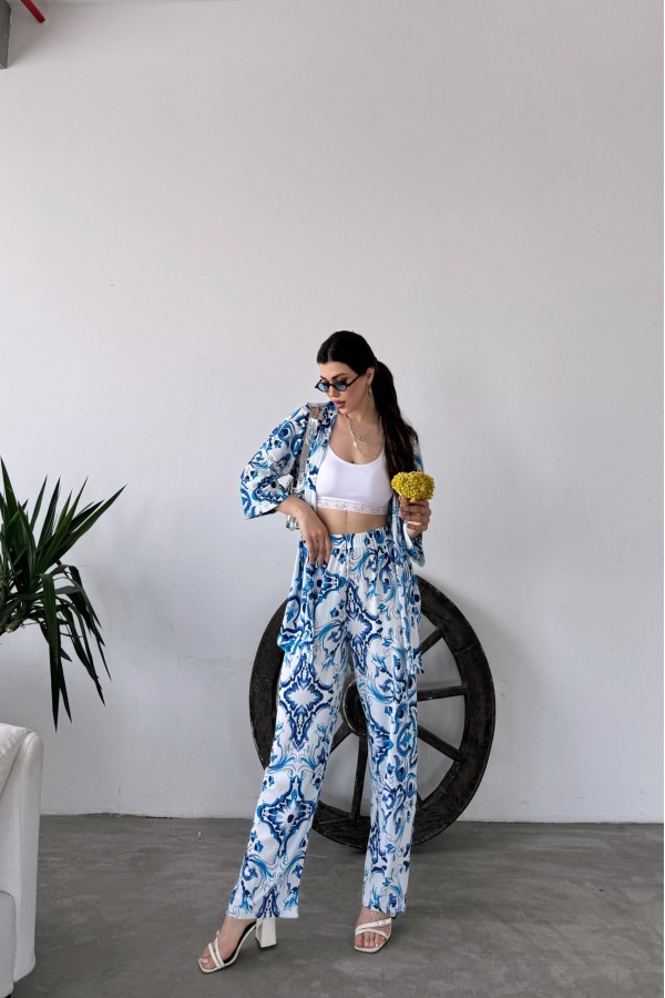 Desenli Kimono Ve Pantolon İkili Takım