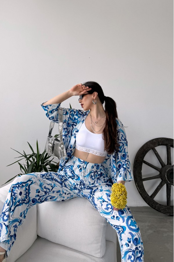 Desenli Kimono Ve Pantolon İkili Takım