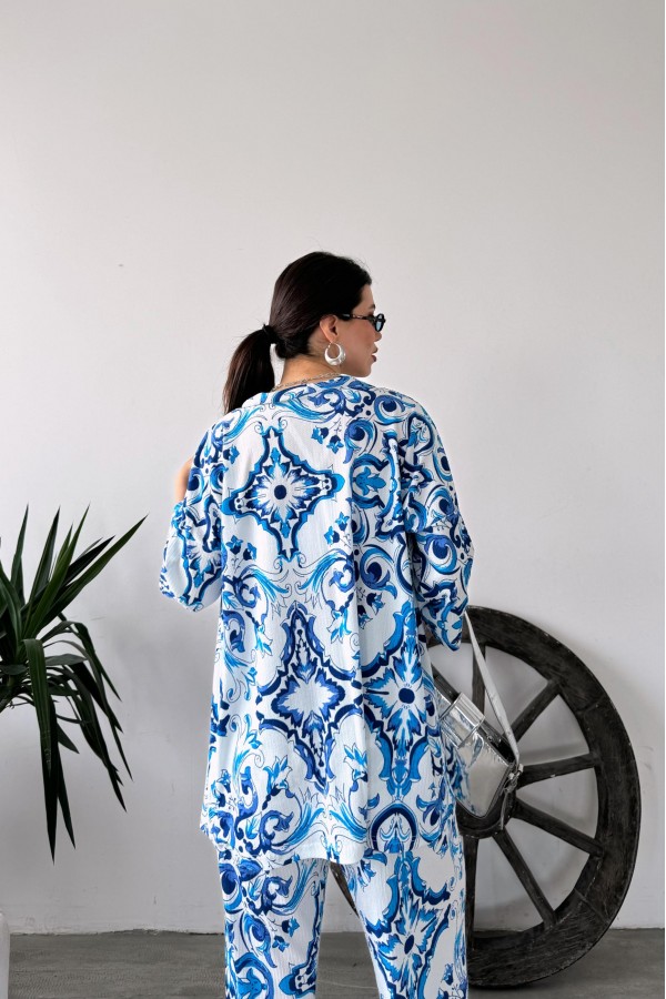 Desenli Kimono Ve Pantolon İkili Takım
