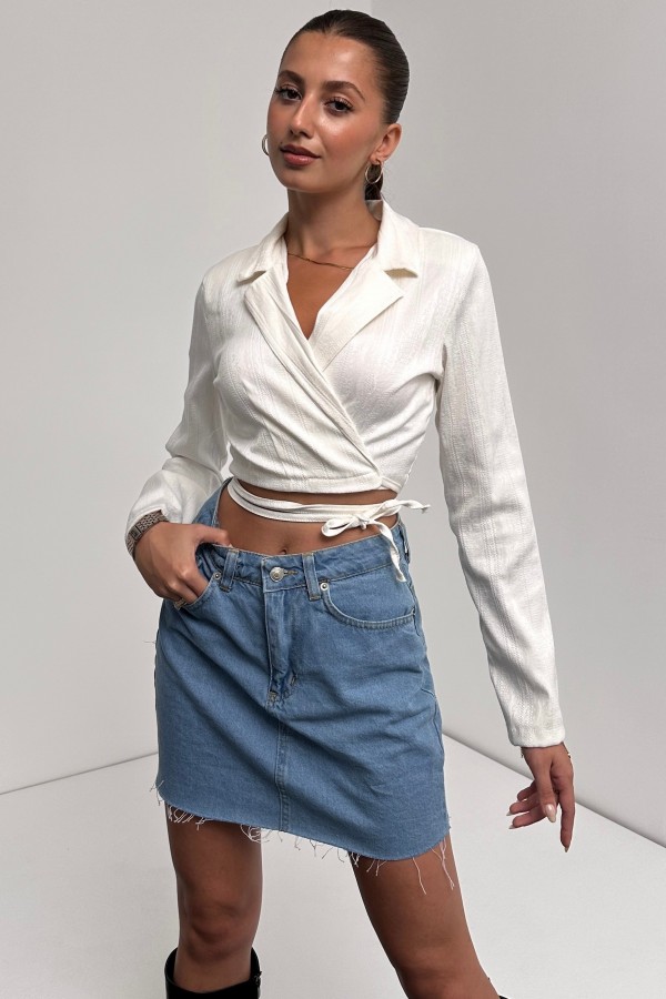 Gömlek Yaka Beli Bağlamalı Crop Bluz