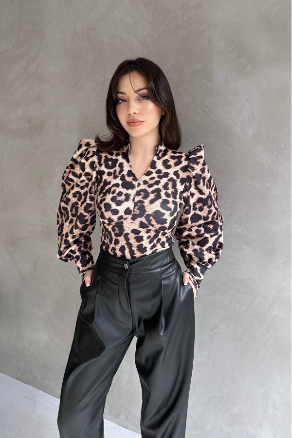 Hakim Yaka Leopar Desenli Dalgıç Bluz