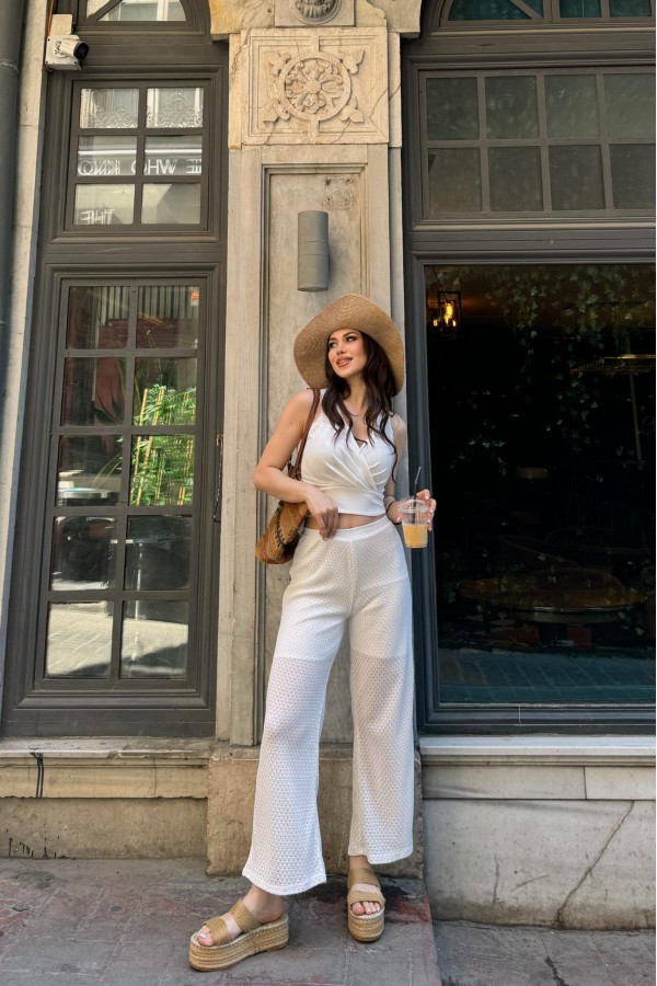 Kruvaze Yaka Crop Bluz Ve Detaylı Pantolon Triko  İkili Takım