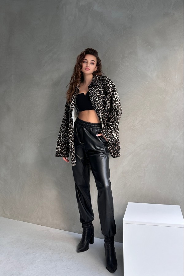 Leopar Desen Çift Cep Oversize Denim Gömlek Ceket