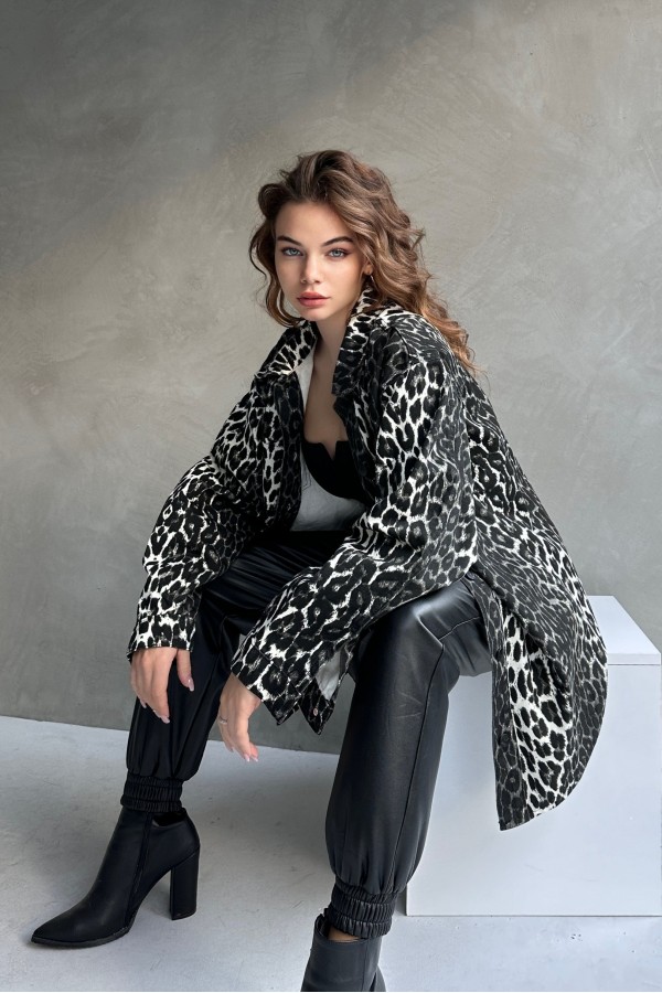 Leopar Desen Çift Cep Oversize Denim Gömlek Ceket