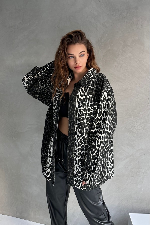 Leopar Desen Çift Cep Oversize Denim Gömlek Ceket