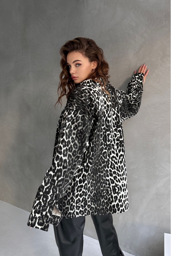 Leopar Desen Çift Cep Oversize Denim Gömlek Ceket