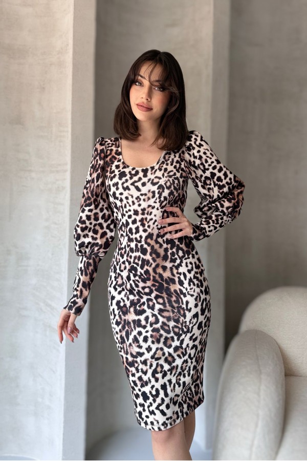 Leopar Desenli Midi Boy Elbise