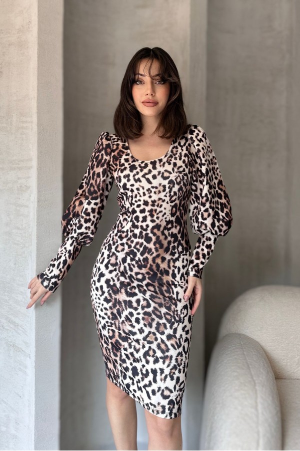 Leopar Desenli Midi Boy Elbise