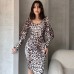 Leopar Desenli Midi Boy Elbise