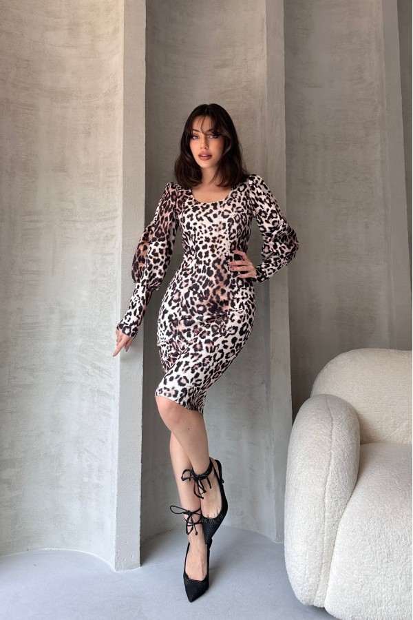 Leopar Desenli Midi Boy Elbise