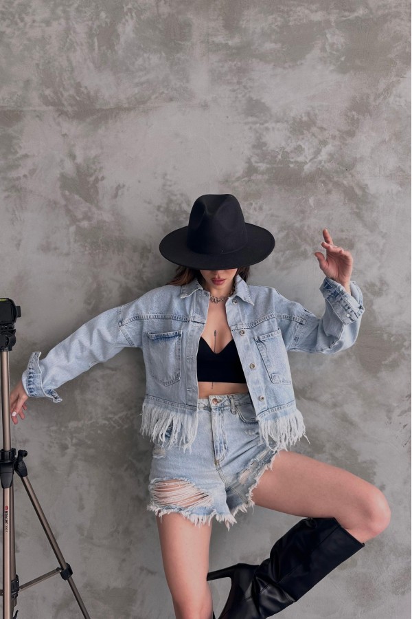 Saçak Detaylı Denim Ceket