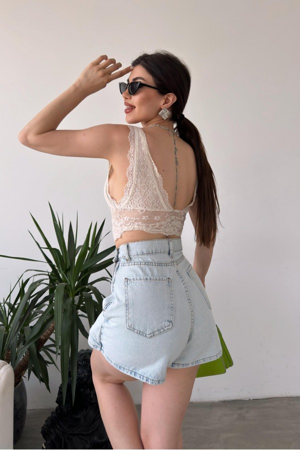 Yırtmaç Detaylı Denim Şort Etek