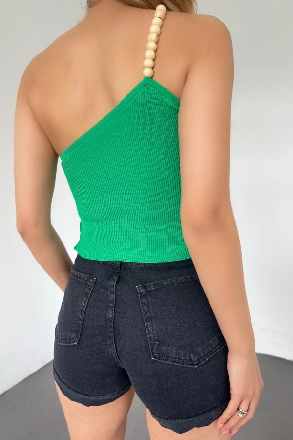 Ahşap Boncuk Detaylı Askılı Triko Bluz Yeşil - DF2303