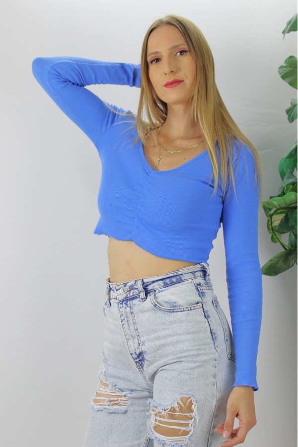 Büzgülü Fitilli Bluz Mavi  - 94574