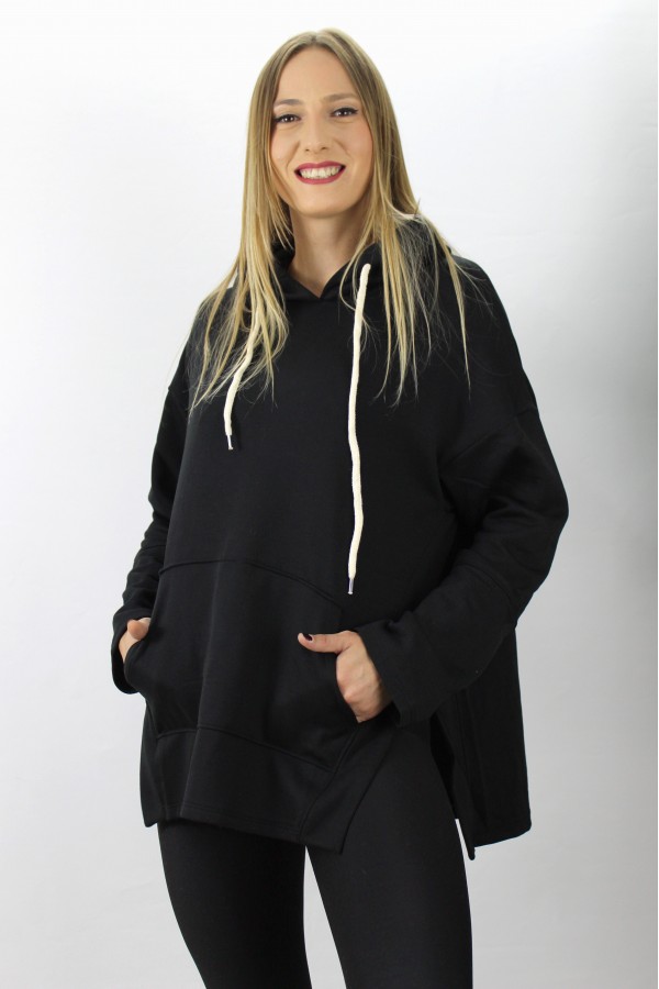 Kapşonlu Yan Yırtmaçlı Sweat Siyah - 21R1178