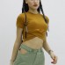 Önü Büzgülü Bisiklet Yaka Tshirt Taba - P-019963